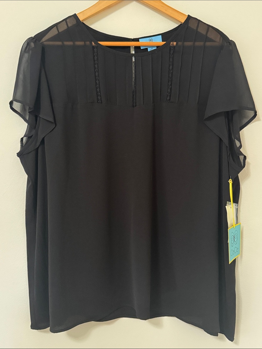 CeCe Black Sheer Yoke Flutter Sleeve Blouse
